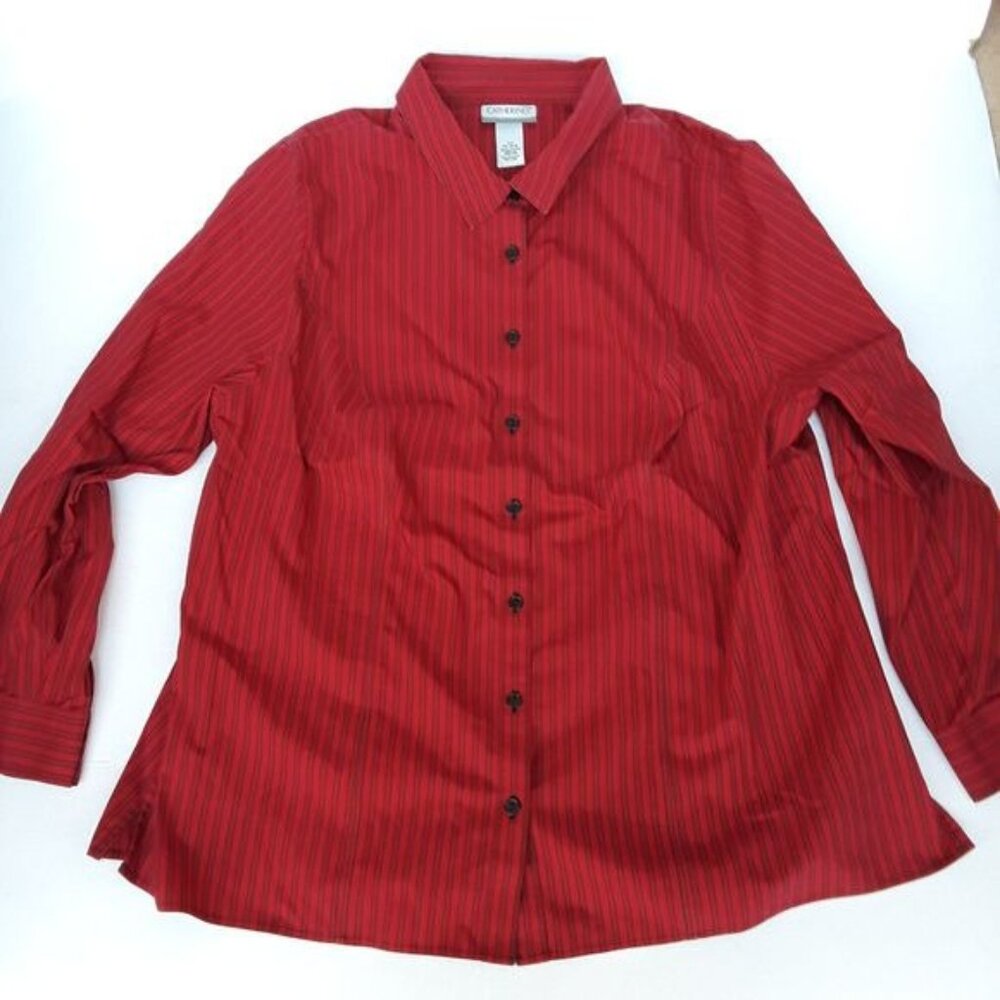 Catherines Womens Plus Size 2X Red Striped Button Down Shirt Non Iron Long Sleev